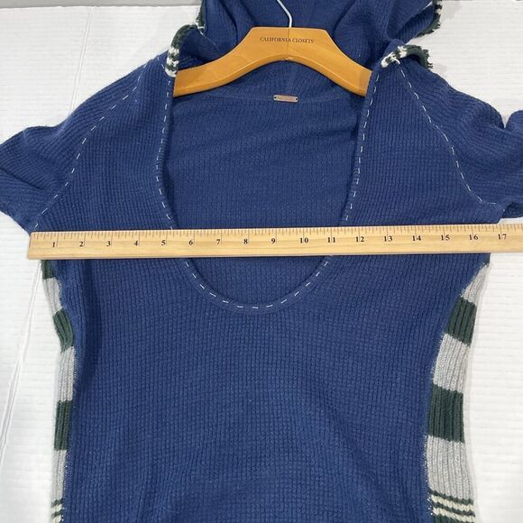 Free People Medium Waffle Knit Hoodie Top Sweater Wool Blend Blue Boho Beachy - Picture 7 of 11